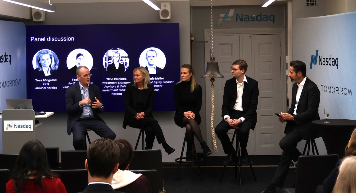 WomeninETFs's tweet photo. To celebrate International Women's Day, Invesco Ltd., Amundi and Nasdaq hosted the first Finnish @WomeninETFs  EMEA Ring the Bell for Gender Equality. 

The event featured an insightful panel discussion on the "Use of ETFs from an Institutional and Retail Investor Perspective." https://t.co/kcG6X4aaTj