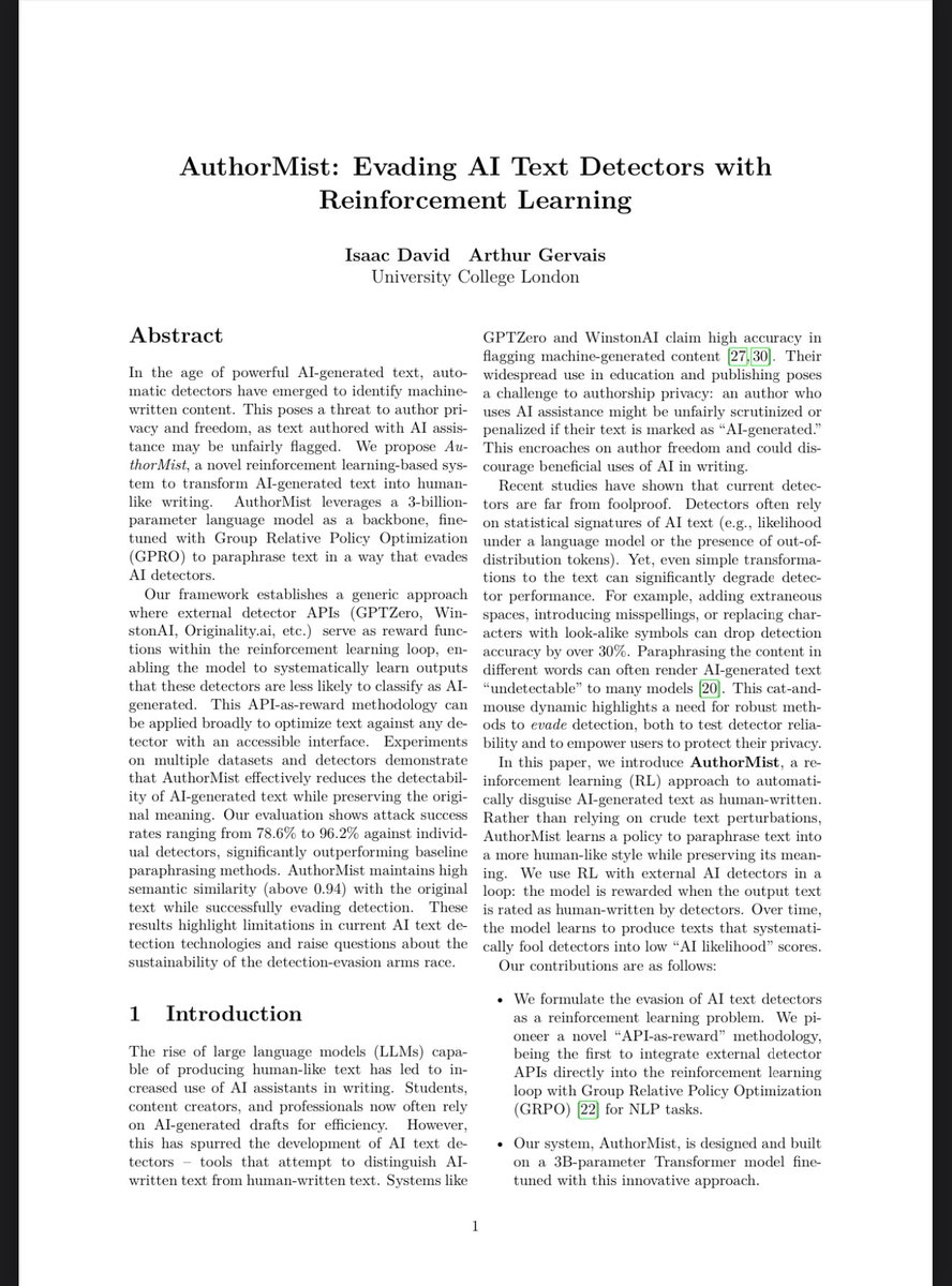 Zaddyzaddy's tweet photo. Excited to announce our recent paper. We leverage Reinforcement Learning via GRPO to finetune a 3B model capable of evading AI detectors. We record significant attack success rates (>78%) on 4 popular commercial detectors. We also show the feasibility of utilizing APIs as reward functions in GRPO. We have open-sourced our model. Link below.

We have open sourced our Model. Link Below 👇🏽