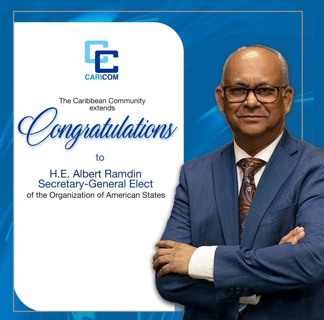 Congratulations to H.E. Albert Ramdin on his election as Secretary-General of the Organisation of American States for the 2025-2030 term.
His appointment marks a historic milestone as the first representative from a CARICOM Member State to hold this esteemed position.