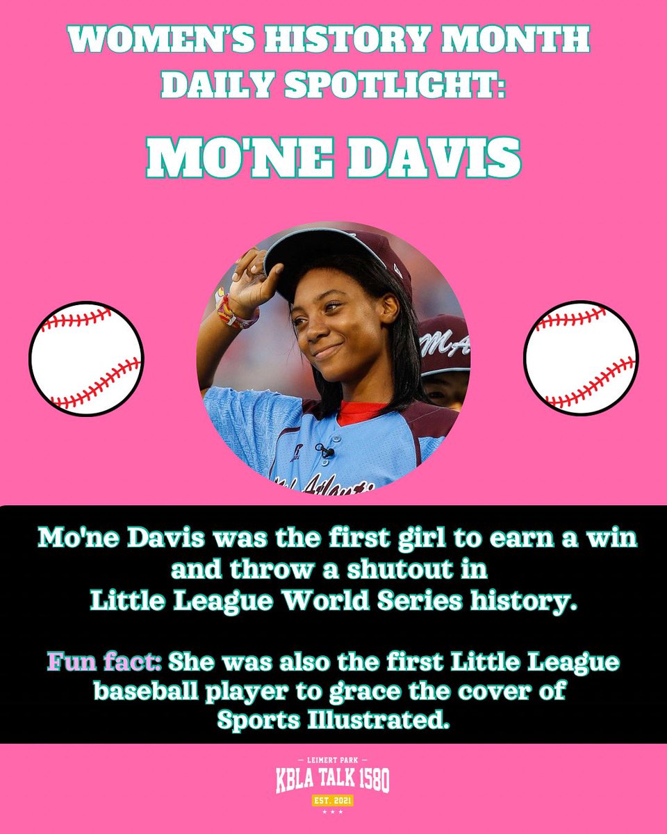 kbla1580's tweet photo. Women’s History Month Daily Spotlight:
Mo’ne Davis ⚾️
#kbla1580 #unapologeticallyprogressive #monedavis #womenshistorymonth #womenshistory #blackwomenshistorymonth #inspiringblackwomen #littleleague #littleleagueworldseries #sportsillustrated #sportshistory https://t.co/mNb2oe8FnK