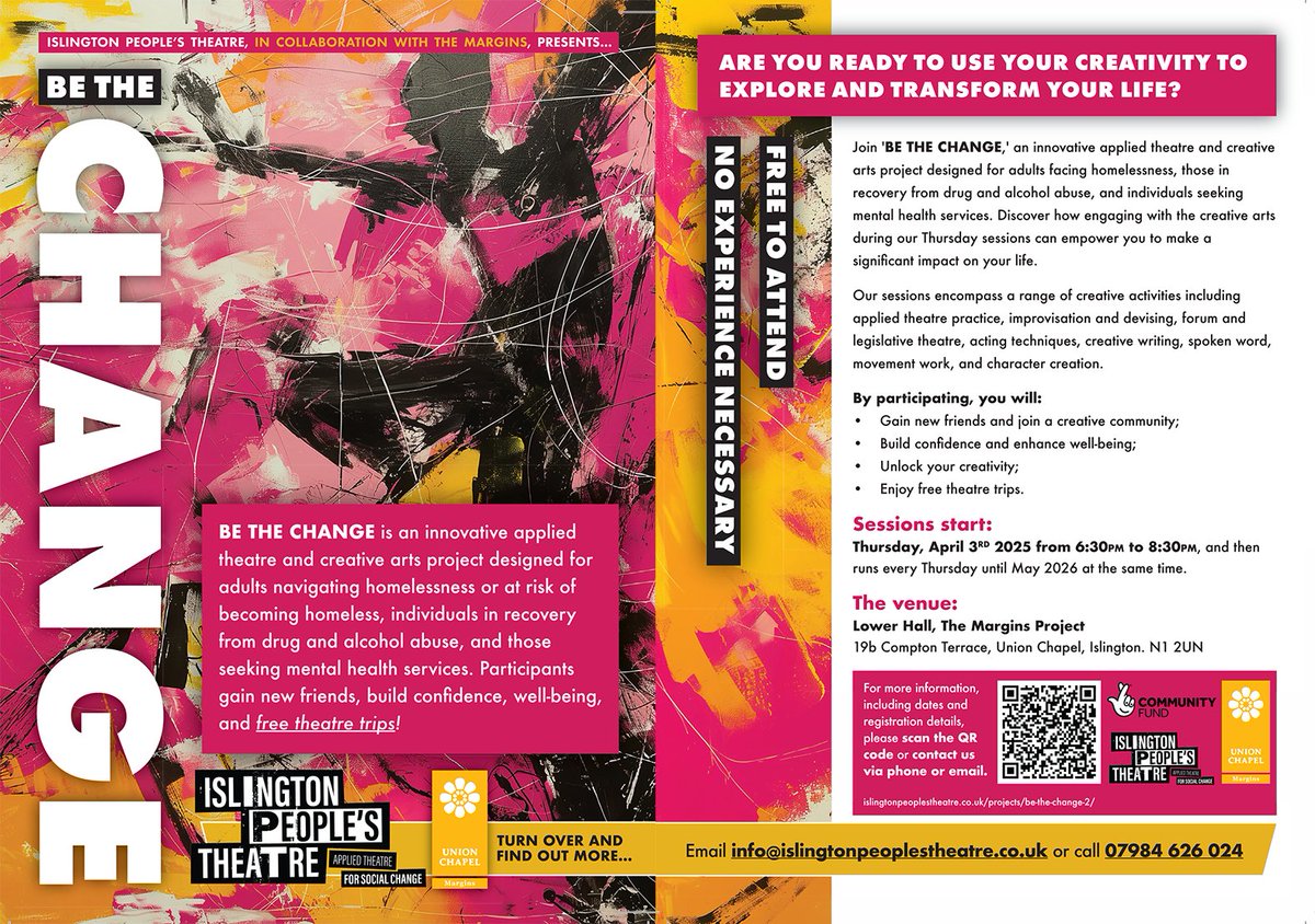 The Margins Project (@marginsproj) on Twitter photo The return 'Be The Change' innovative applied theatre & creative arts free sessions for adults navigating homelessness, substance recovery & mental health services.
Each Thursday 6.30-8.30pm from 3 April at in collab with <a href="/Islington_PT/">Islington People's Theatre</a>
Info at unionchapel.org.uk/projects/news-… The return 'Be The Change' innovative applied theatre & creative arts free sessions for adults navigating homelessness, substance recovery & mental health services.
Each Thursday 6.30-8.30pm from 3 April at in collab with <a href="/Islington_PT/">Islington People's Theatre</a>
Info at unionchapel.org.uk/projects/news-…