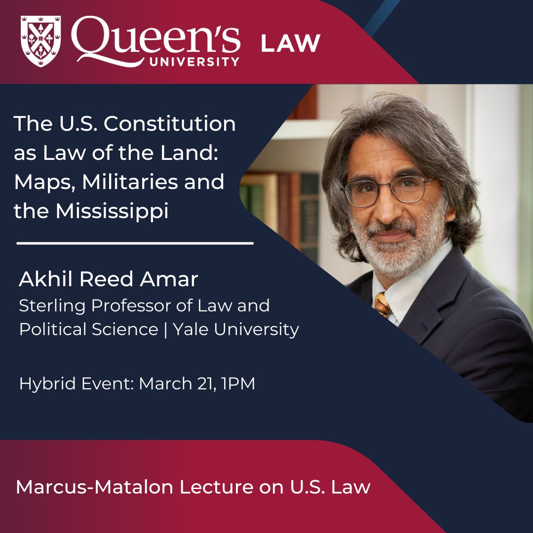 Queen's Law (@queensulaw) on Twitter photo Explore U.S. constitutional geography, indivisibility, and neighbouring borders with <a href="/YaleLawSch/">Yale Law School</a> Prof. Akhil Reed Amar at a hybrid Queen’s Law event on March 21. He’ll preview his book “Born Equal: Remaking America's Constitution, 1840-1920.” Register: bit.ly/4i4TBiS Explore U.S. constitutional geography, indivisibility, and neighbouring borders with <a href="/YaleLawSch/">Yale Law School</a> Prof. Akhil Reed Amar at a hybrid Queen’s Law event on March 21. He’ll preview his book “Born Equal: Remaking America's Constitution, 1840-1920.” Register: bit.ly/4i4TBiS