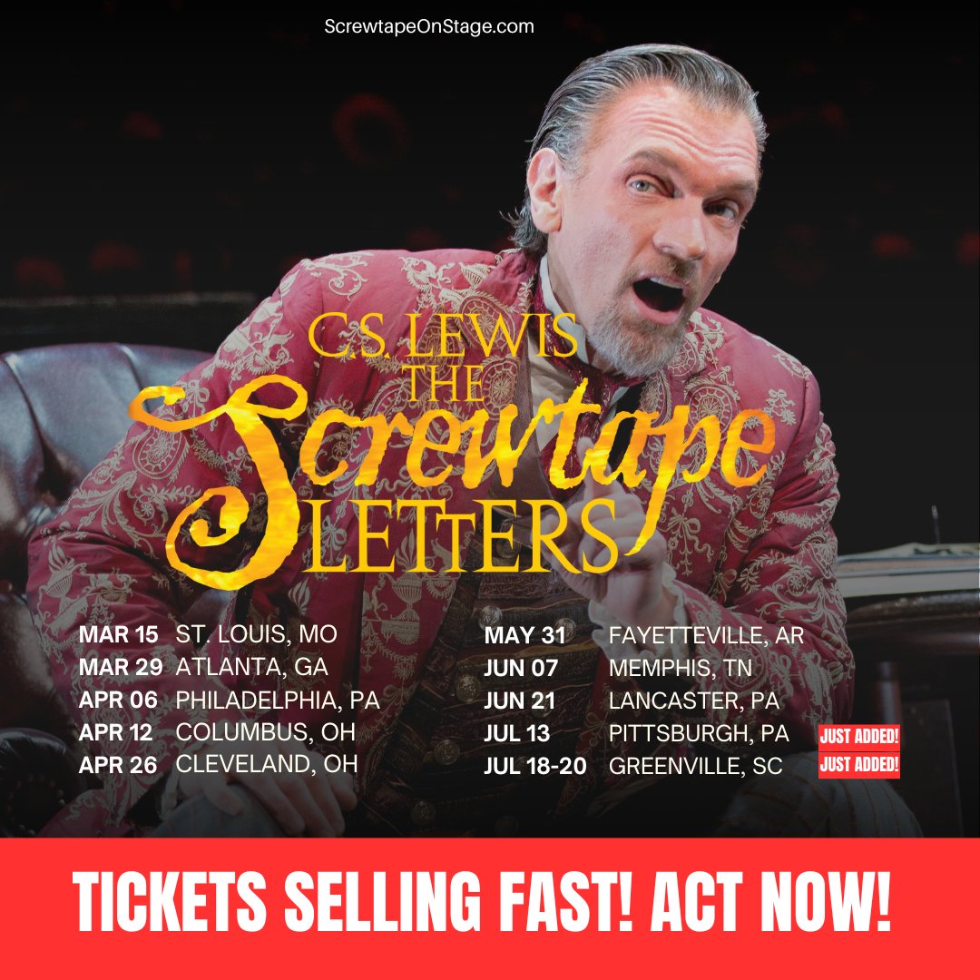 THE SCREWTAPE LETTERS tour just keeps growing! We’re adding new cities by popular demand! Make sure you’re there for this must-see show—grab your tickets now! bit.ly/3TlKEqY