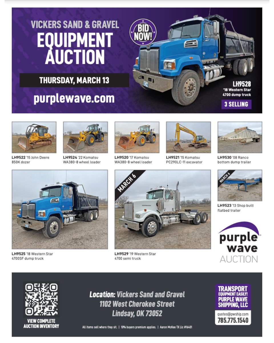 On Thursday, March 13th, check out Vickers Sand &amp; Gravel’s featured equipment—robust dump trucks, wheel loaders, and more. These heavy-duty machines are built to work as hard as you do. Bid now and put them to work!
bit.ly/3QNWadn