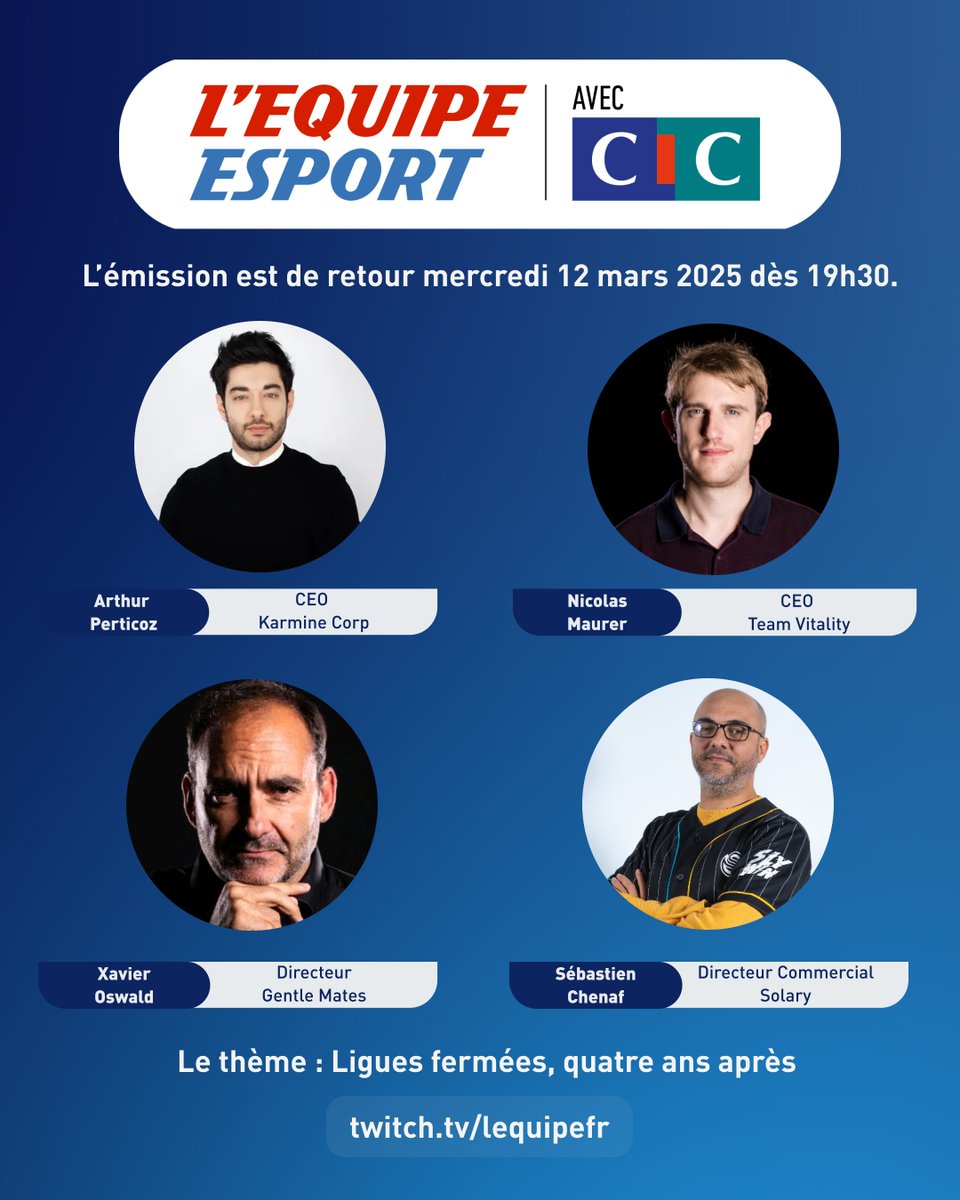 📢 [ANNONCE] J-2 avant le retour de notre émission L’Équipe Esport !

Voici le magnifique casting qui va accompagner notre journaliste <a href="/Paul_Dejala/">Paul Arrivé</a> :

<a href="/ArthurPerticoz/">Arthur Perticoz</a> 
<a href="/nicolas_maurer_/">Nicolas Maurer</a> 
<a href="/Xav_Oswald/">Xavier OSWALD</a> 
<a href="/Drijoka/">Sebastien "Drijoka" CHENAF</a>

Une émission à suivre en direct sur notre chaine Twitch ce mercredi à