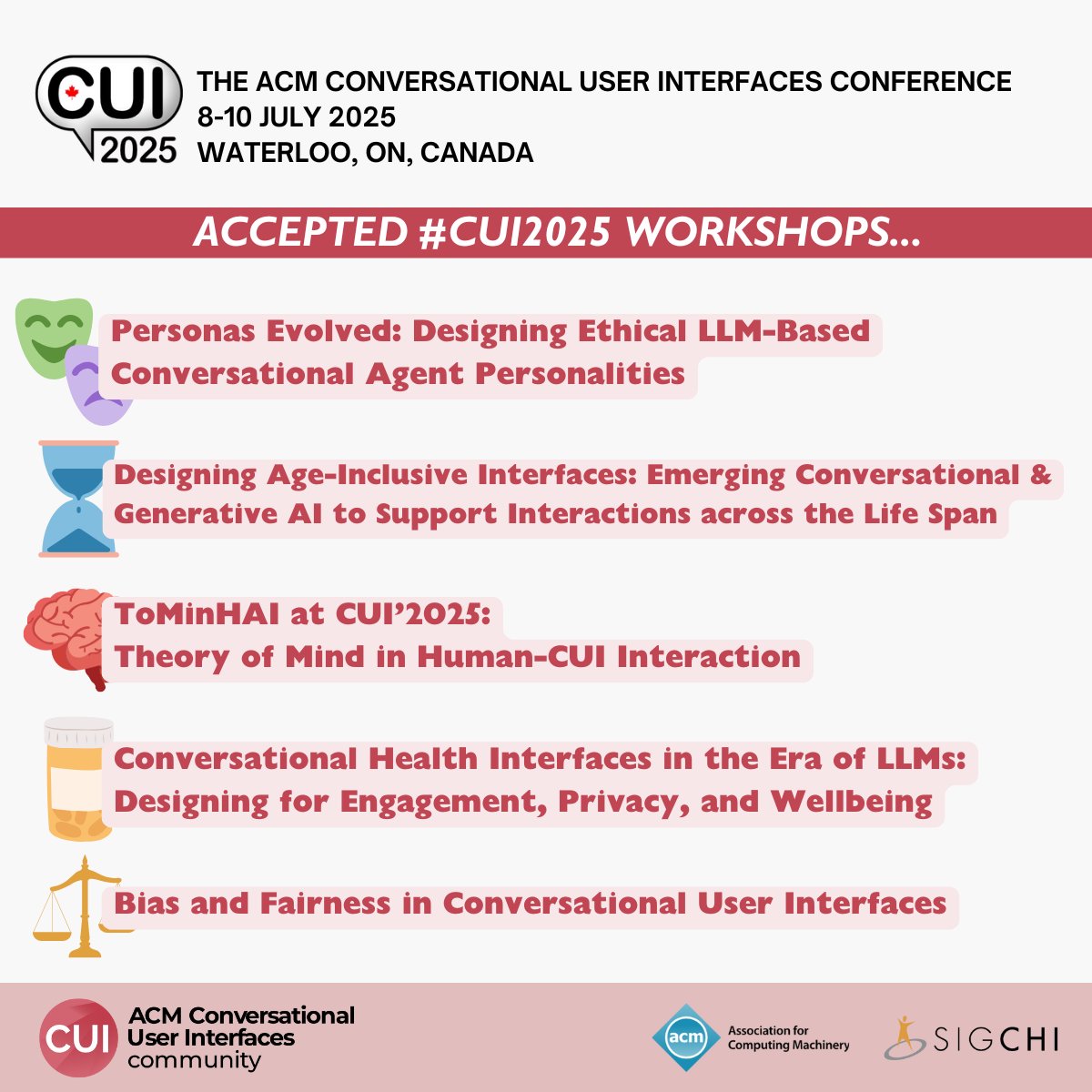 📢 Exciting news! Here’s a thread of our accepted workshops for this year. We’ll be diving deep into conversational AI, exploring ethics, aging, Theory of Mind, fairness, and CUIs in health. More info coming soon—read on! 🧵👇