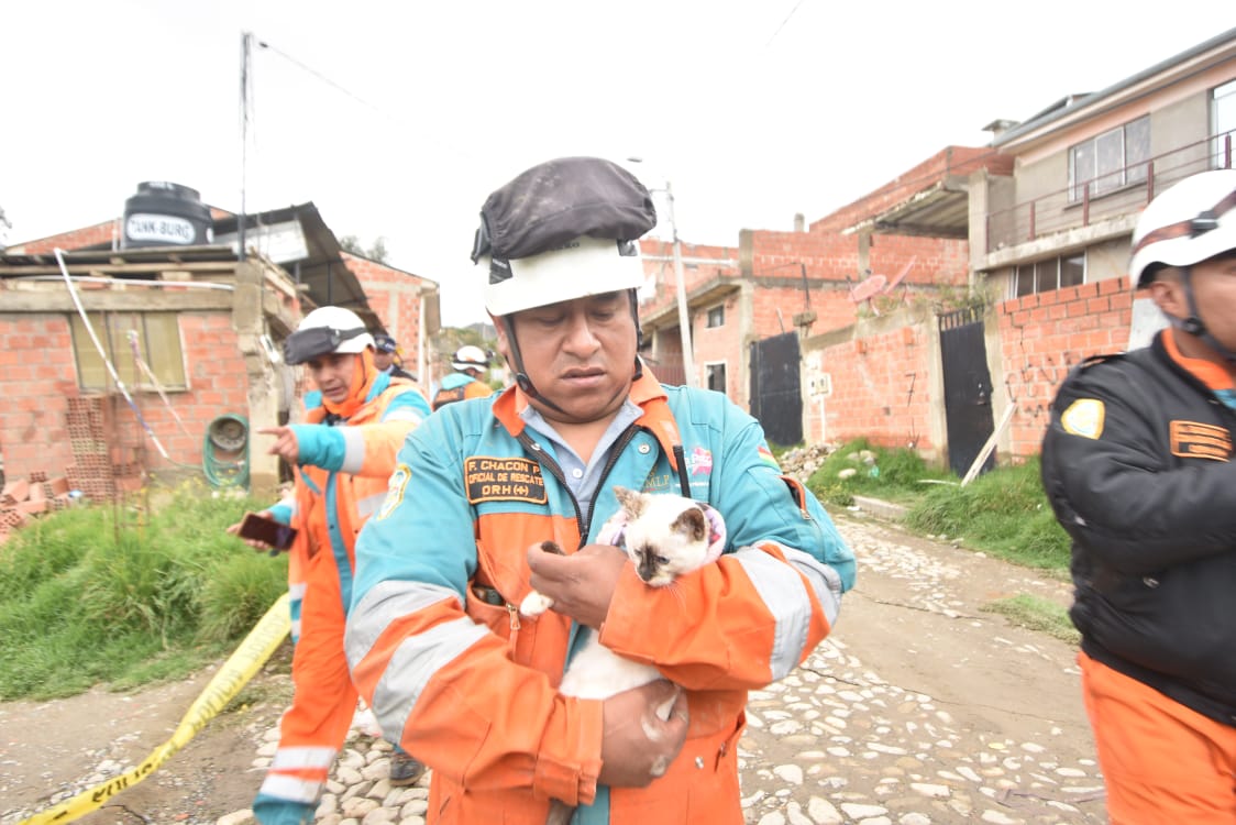 noticiasfides's tweet photo. 🔵 #ANF | El personal de Emergencias GAEM de la alcaldía de #LaPaz, junto a Zoonosis, trabaja para rescatar a las mascotas que se encuentran en el área de riesgo en la zona de #Codavisa, donde esta mañana se registró el deslizamiento de un talud. https://t.co/u23TkmVYWh
