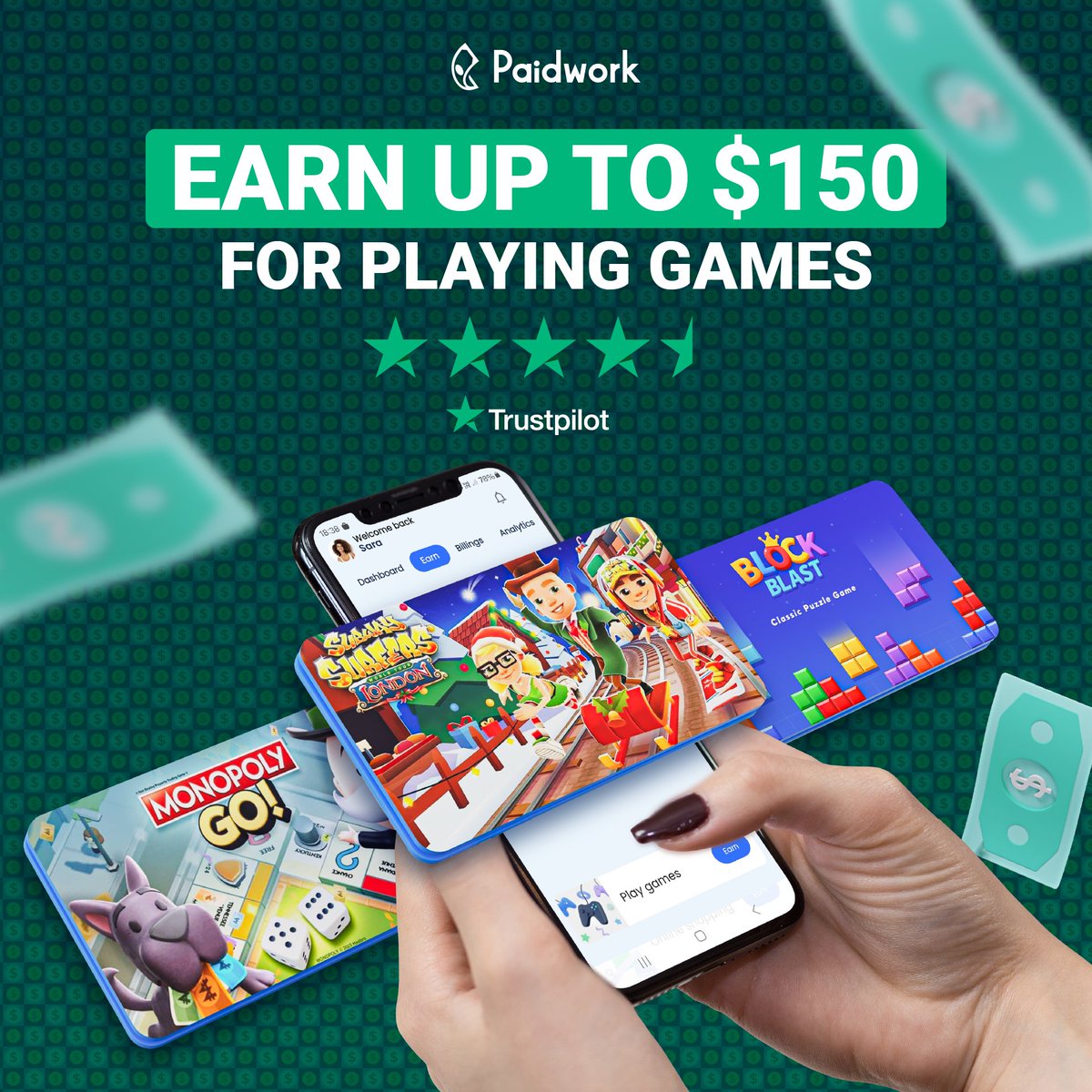 $150 Just for Playing Games?! YES! 💰🎮

Why play for free when you can earn up to $150 FAST just by gaming? 🚀 With Paidwork, you can turn your screen time into real cash in no time!

⚡ Play games like MONOPOLY GO!, Block Blast, &amp; more
⚡ Watch your earnings grow! 💵
⚡ Trusted