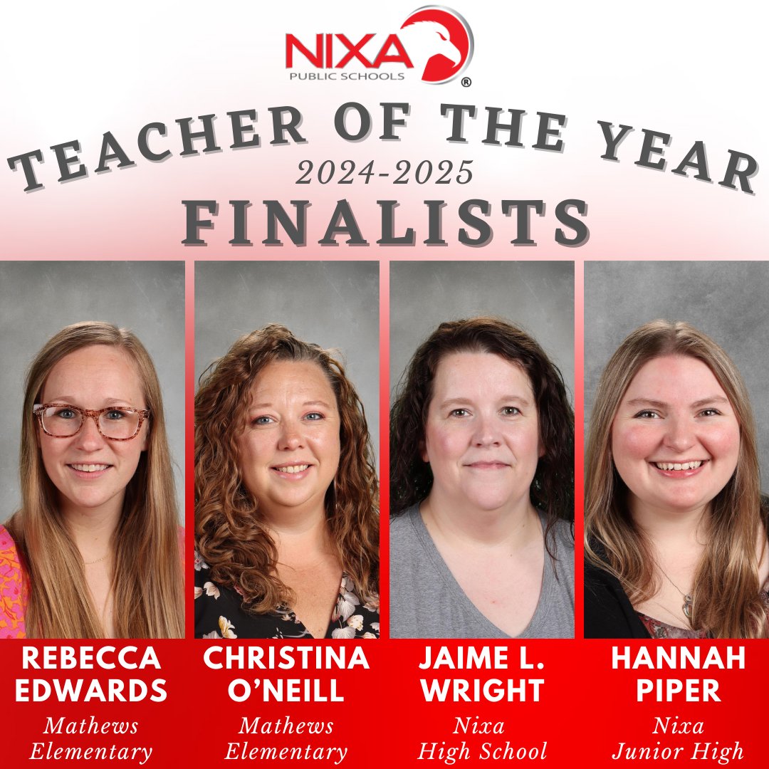 nixaschools's tweet image. 🦅 Revealing the 2024-2025 Nixa Teacher of the Year finalists! 🎊

Congratulations to Rebecca Edwards at Mathews Elementary, Christina O&apos;Neill at Mathews Elementary, Jaime L. Wright at Nixa High School, and Hannah Piper at Nixa Junior High! 👏