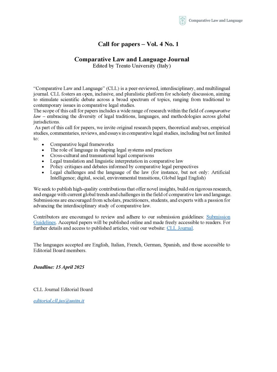 Call deadline: 15 April 2025!

Comparative Law and Language Journal: teseo.unitn.it/cll/about/subm…