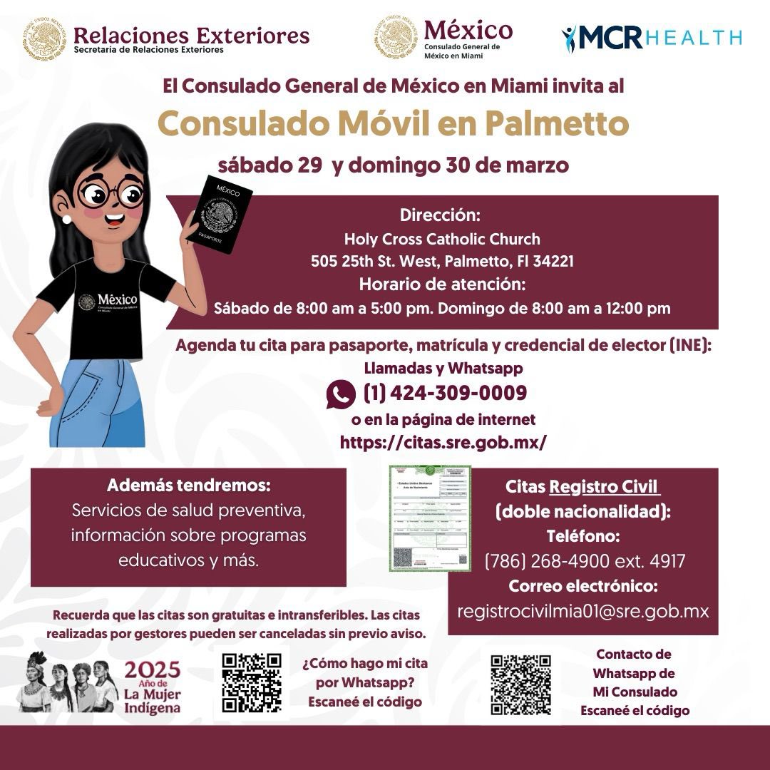 El <a href="/ConsulMexMia/">ConsulMex Miami</a> anuncia que a partir de hoy lunes, 10 de marzo, están disponibles las citas gratuitas para nuestro próximo consulado móvil en la ciudad de Palmetto:
📍Sábado 29 y domingo 30 de marzo
☎️Telefono y WhatsApp 1(424) 3090009 
💻 citas.sre.gob.mx
👉OJO: Para el