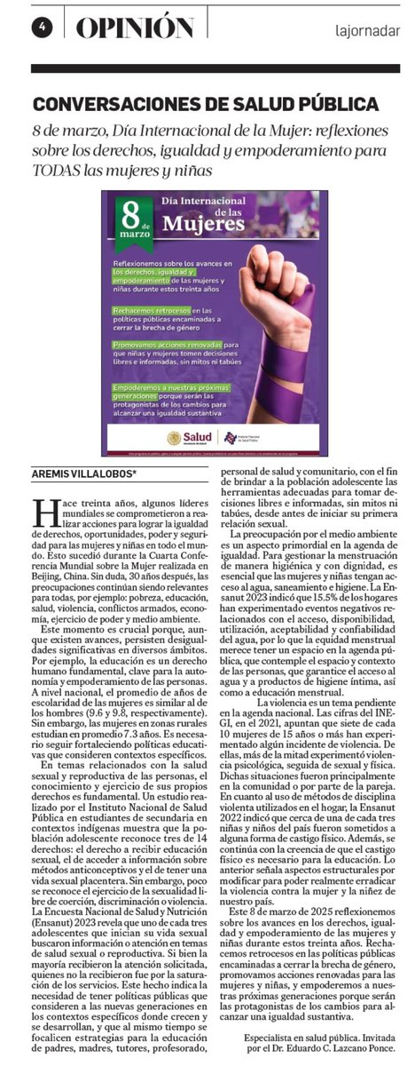 Eduardo Lazcano Ponce (@elazcanoponce) on Twitter photo Les comparto esta colaboración de la Dra. Aremis Villalobos, directora de Salud Reproductiva en el <a href="/inspmx/">INSP México</a>, sobre el Día Internacional de la Mujer: reflexiones sobre los derechos, igualdad y empoderamiento para todas las mujeres y niñas
lajornadamorelos.mx/sociedad/conve… Les comparto esta colaboración de la Dra. Aremis Villalobos, directora de Salud Reproductiva en el <a href="/inspmx/">INSP México</a>, sobre el Día Internacional de la Mujer: reflexiones sobre los derechos, igualdad y empoderamiento para todas las mujeres y niñas
lajornadamorelos.mx/sociedad/conve…