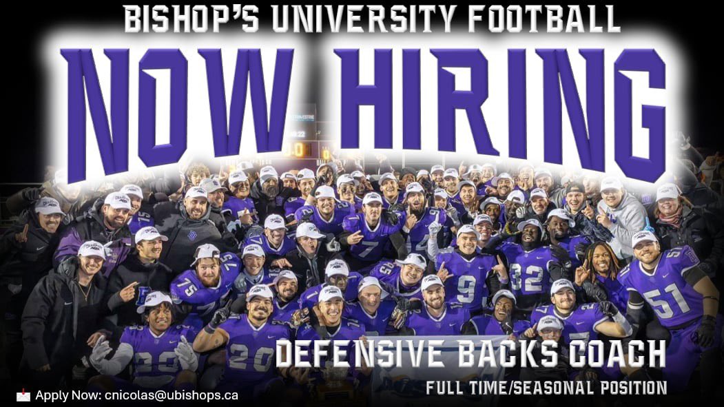 🚨 NOW HIRING 🚨
We’re looking for a Defensive Backs Coach to join <a href="/BishopsGaiters/">#GaiterNation</a> for 2024-25!
✅ Full-Time / Seasonal
📍 Lennoxville, QC
📩 Apply: cnicolas@ubishops.ca

#GaiterNation #FootballCoach #USPORTS #NowHiring