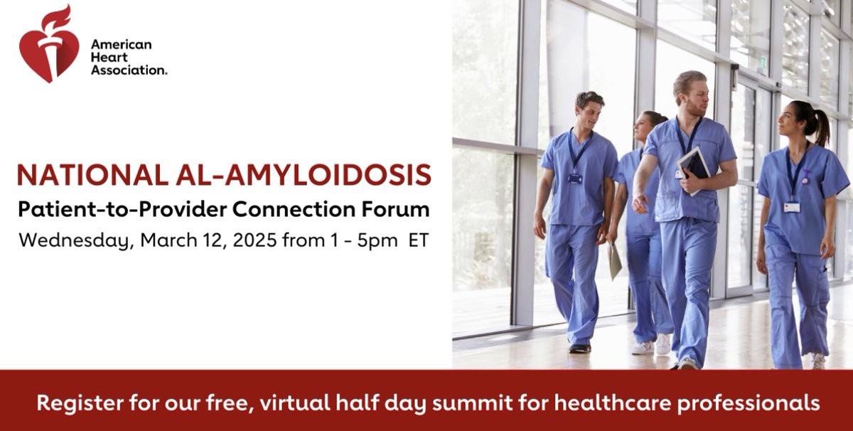 Melissa Lyle (@melissalylemd) on Twitter photo I’m excited to be speaking at the AHA’s National AL-Amyloidosis Patient-to-Provider Connection Forum March 12th! Hope you can join us!
🔗 to register: heart.zoom.us/meeting/regist…
#Amyloidosis #HeartHealth #AHAQI <a href="/American_Heart/">American Heart Association</a> <a href="/Amyloidosis_ASB/">Amyloidosis Speakers Bureau</a> <a href="/Amyloidosis_ARC/">Amyloidosis Research Consortium</a> <a href="/AmyloidosisSupp/">Amyloidosis Support</a> I’m excited to be speaking at the AHA’s National AL-Amyloidosis Patient-to-Provider Connection Forum March 12th! Hope you can join us!
🔗 to register: heart.zoom.us/meeting/regist…
#Amyloidosis #HeartHealth #AHAQI <a href="/American_Heart/">American Heart Association</a> <a href="/Amyloidosis_ASB/">Amyloidosis Speakers Bureau</a> <a href="/Amyloidosis_ARC/">Amyloidosis Research Consortium</a> <a href="/AmyloidosisSupp/">Amyloidosis Support</a>