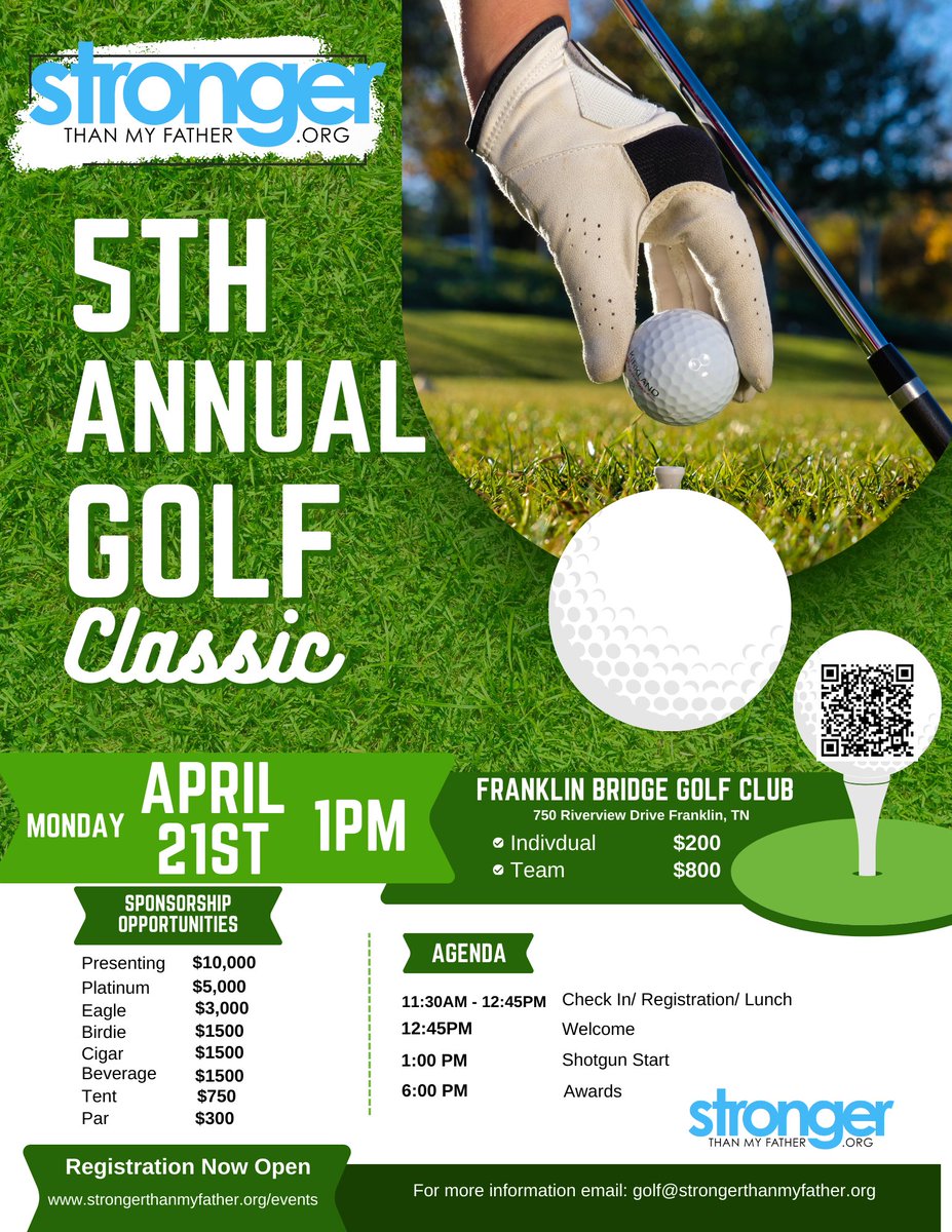 🏌🏿‍♂️⛳ It’s Time to Tee Off for a Purpose!

The 2025 Stronger Than My Father Annual Golf Tournament is happening Monday, April 21st at 1 PM at Franklin Bridge Golf Club—and you don’t want to miss it!

⏳ Spots are filling up—register today!
🔗 strongerthanmyfather.org/2025-stmf-annu…