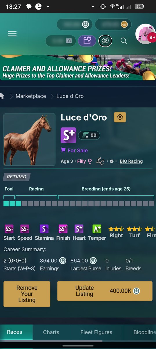 Selling Luce d'Oro - RTF S+ Mare with SS+ finish. 6.5 stars. 400k derby.
