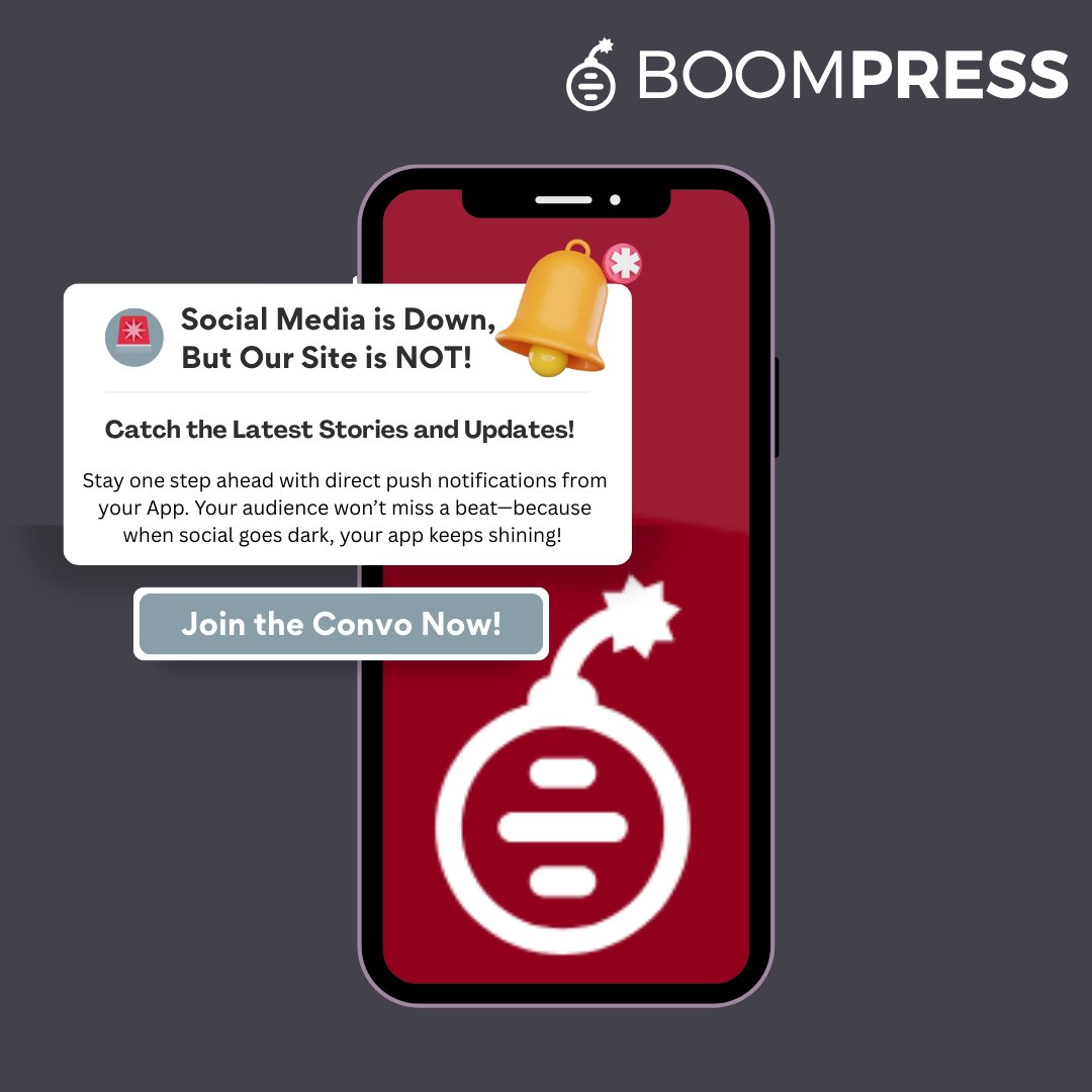 BoomPressInc's tweet image. ⏰Take Back Control from Social Media! Don&apos;t let outages impact your business!

When social media goes down, no worries—send an in-app notification and keep your audience informed instantly! 📲

Now’s the time to launch your own branded app! Let&apos;s Talk!

#BoomPress #AppLaunch