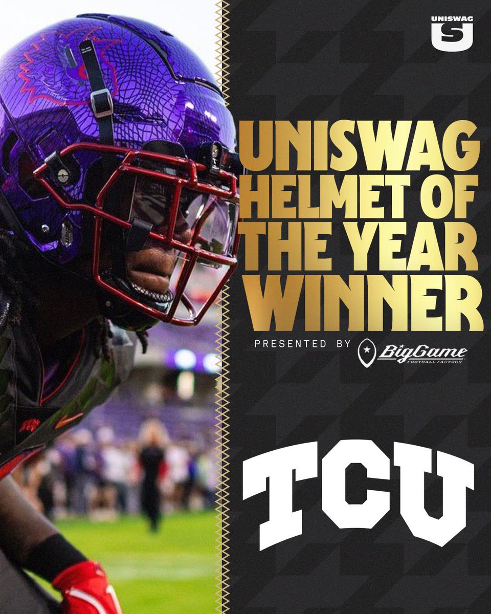 UNISWAG (@uniswag) on Twitter photo UNISWAG Helmet of the Year
The fans voted <a href="/TCUFootball/">TCU Football</a> the winner of the best college football helmet for the 2024 season.
#uniswag UNISWAG Helmet of the Year
The fans voted <a href="/TCUFootball/">TCU Football</a> the winner of the best college football helmet for the 2024 season.
#uniswag