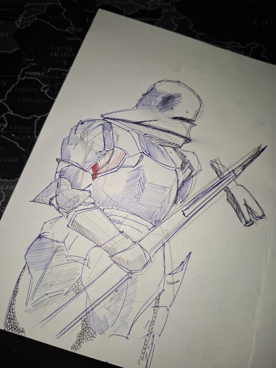 Gihoti23's tweet photo. "Clad in armor, but not invincible. A fresh wound reminds him of the price of every battle. Raw pen strokes capture his path of pain and will."#art #commissions #medieval #penart #armor #warrior #freelance #sketch #forhire https://t.co/aKybTQrauy