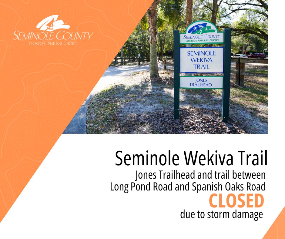 seminolecounty's tweet photo. TRAIL CLOSURE: The Jones Trailhead and the Seminole Wekiva Trail between Long Pond Road and Spanish Oaks Road is temporarily closed due to storm damage. County crews will begin tree work tomorrow, March 11, which may take a few days. 

Please stay tuned for a reopening announcement, or find other trail access points at https://t.co/DLTbx4cWK1