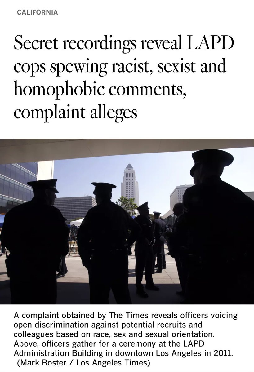 THREAD: We’re now learning more about scandal that rocked the LAPD’s Employment and Recruitment Division where at least 6 pigs were sent home for making racist + derogatory comments. Around 90 recordings were made exposing the racial epithets + slurs used by pigs in this division