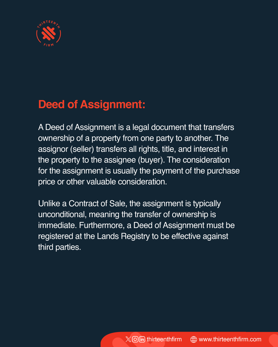 ThirteenthFirm's tweet photo. Did you know a Contract of Sale isn't the same as a Deed of Assignment? Learn the difference to safeguard your investments!
#ThirteenthFirm #LawFirm #LegalServices #LegalExpertise #PropertyLaw #RealEstate #ContractOfSale #DeedOfAssignment #NigeriaPropertyLaw https://t.co/nEojUdNXz3