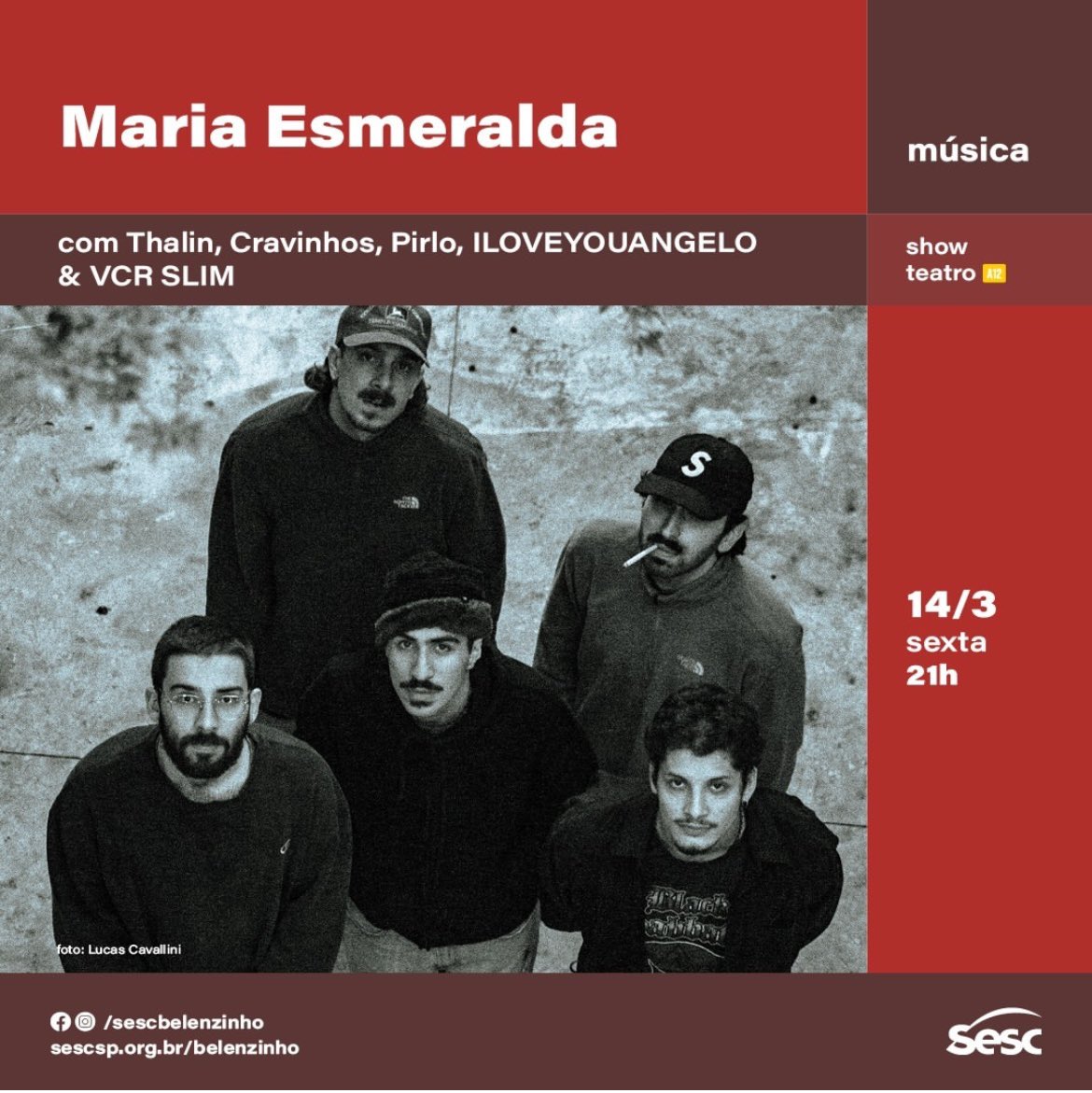 AcessoCodigo's tweet photo. Agenda 
Tem @mariaesmeraldaoficial com @thalin__ , @cravinhos_ , @p1rlooo , @iloveyoulangelo e @vcr_slim no teatro do @sescbelenzinho na sexta dia 14 de Março ás 21H 
#agenda #mariaesmeralda #thalin #cravinhos #pirlo #iloveangelo #vcrslim #sescbelenzinho https://t.co/yNHvZDbrlW