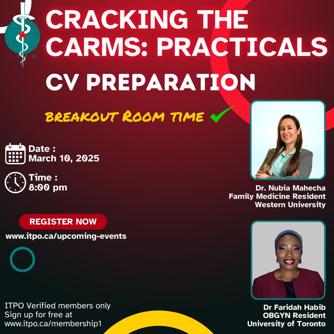 ITPCstrong's tweet photo. Registration Now Open! 🚨
Join us TONIGHT for a detailed session that will guide you through creating a standout CV for your CaRMS application. 📅 Date: March 10, 2025, ⏰ Time: 8 PM EST
🔗 Register now: https://t.co/F5gJ2ikKxS
💪#CaRMS #Webinar #CVPreparation" https://t.co/KACfJ1g6Wq