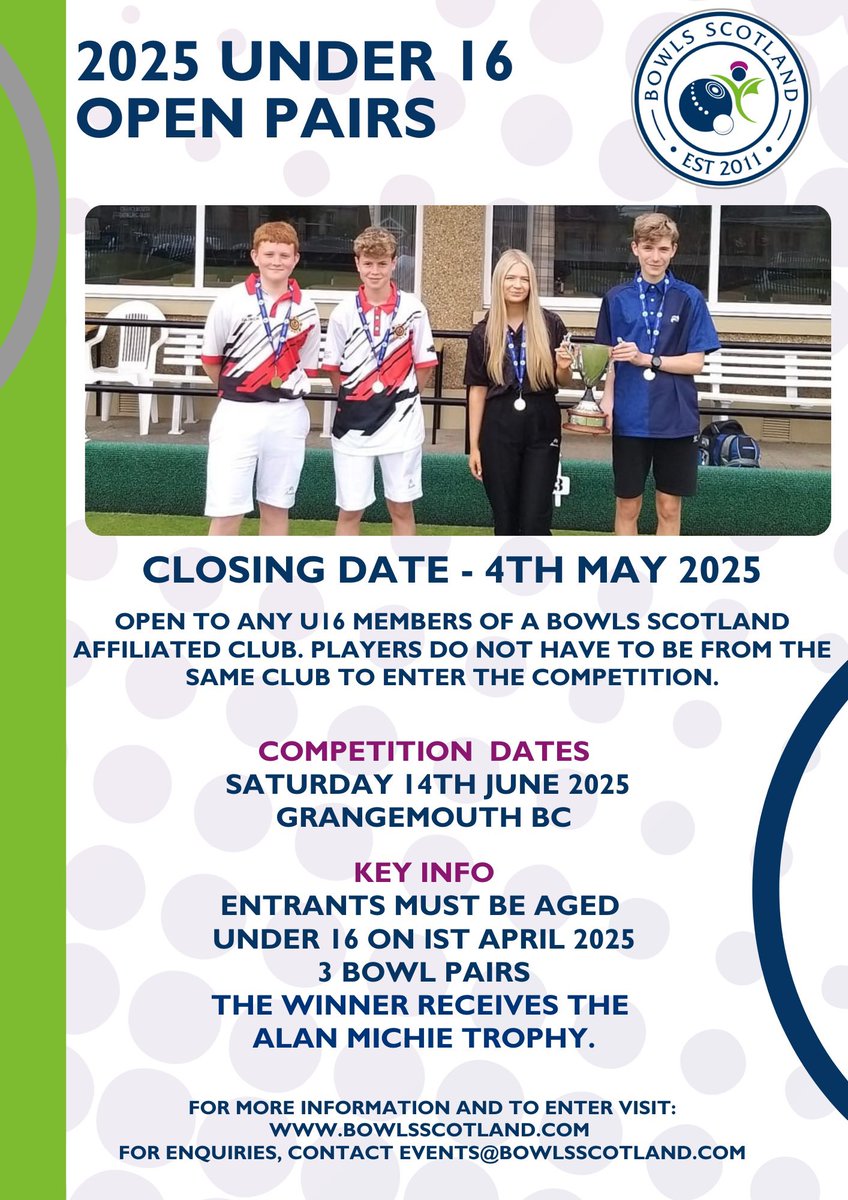 🥇 Competition entries are open for this year’s Scottish Cup Under 18 Open Triples and Under 16 Open Pairs.
 
ℹ️ For more information or to enter, please visit: bowlsscotland.com/competitions/n…
 
📧 Contact events@bowlsscotland.com if you have any enquiries.