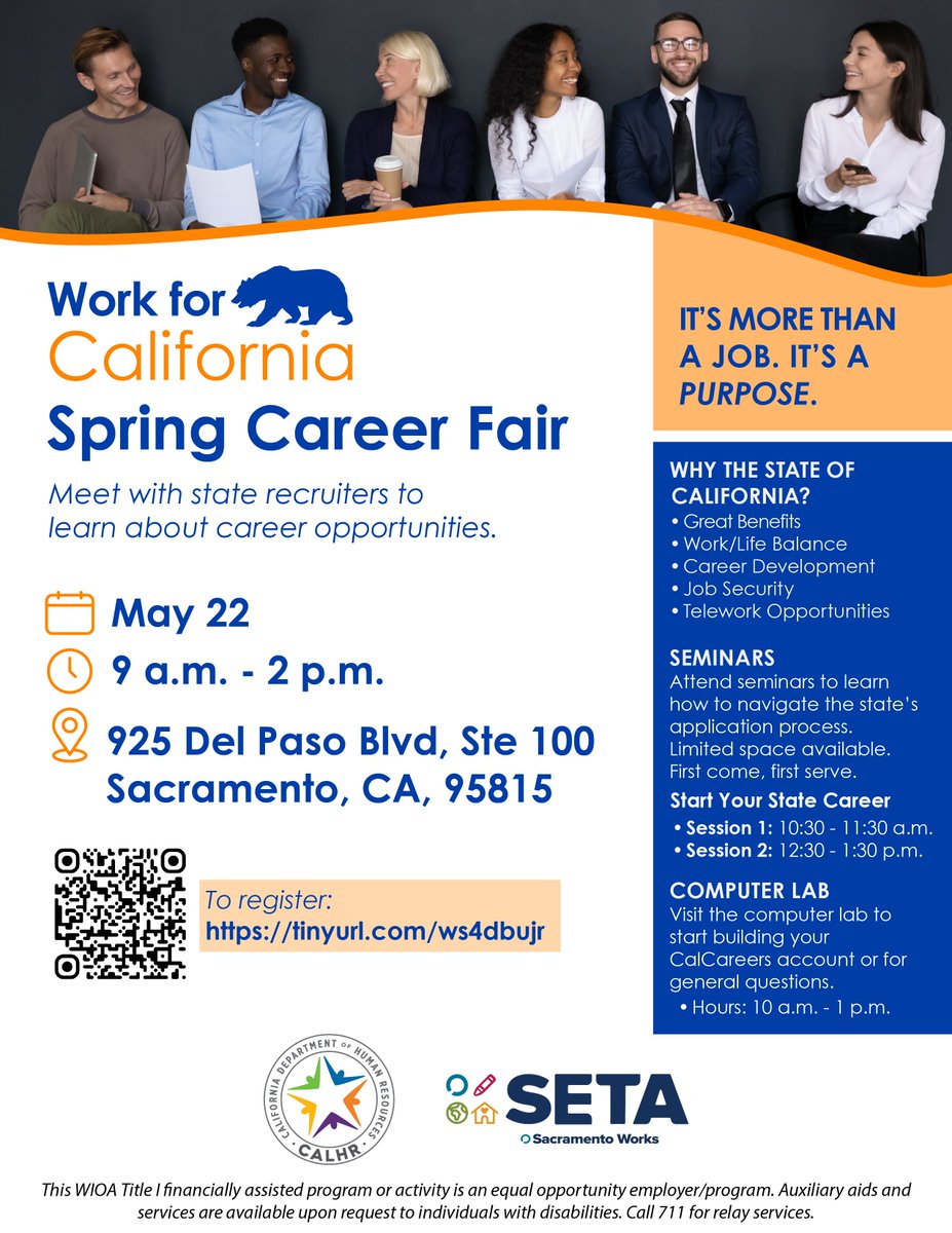 🌷Join us at the #Work4CA Spring Career Fair! We're partnering with SETA to create an opportunity for you to meet with recruiters from over 30 state departments. Register today!

📅 May 22
🕘 9 a.m. – 2 p.m.
📍 925 Del Paso Blvd, Sacramento
🔗 tinyurl.com/ws4dbujr