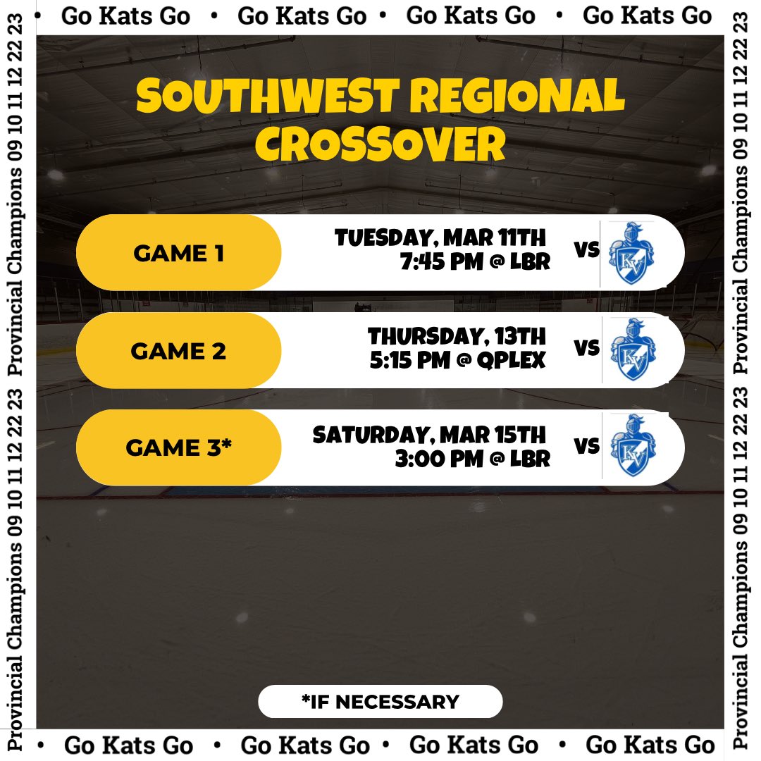📣 SouthWest Regional Crossover Series 📣 

The boys are set to face KVHS in the crossover series. This best of 3 series will determine which team will advance to the provincial championship weekend. 

Game 1 is Tuesday, March 11th at the LBR. Puck Drop is 7:45pm 

#gokatsgo
