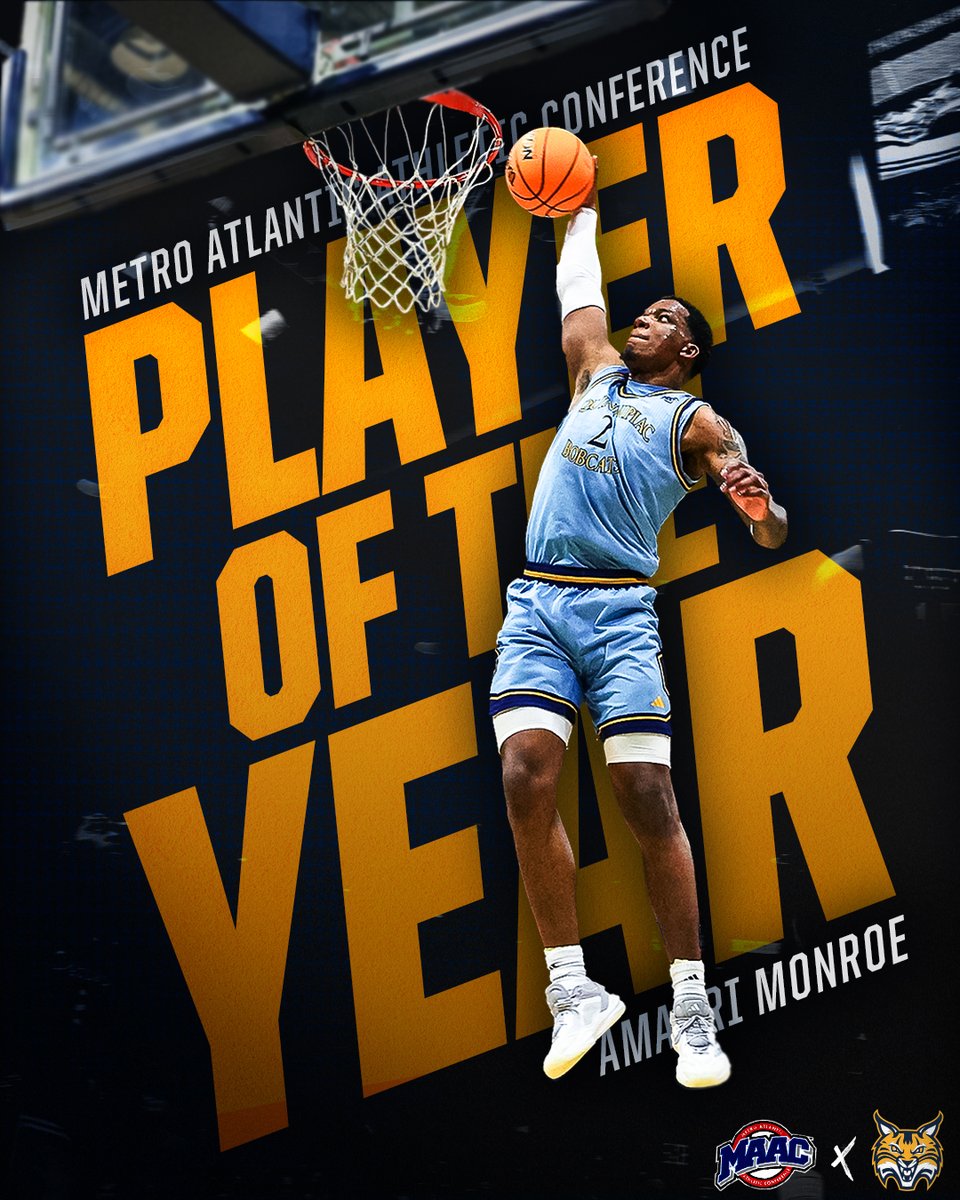 Quinnipiac Men's Basketball (@qu_mbb) on Twitter photo Amarri Monroe has been crowned ๐ ๐๐๐ ๐ฃ๐๐๐ฌ๐๐ฅ ๐ข๐ ๐ง๐๐ ๐ฌ๐๐๐ฅ ๐
Monroe finished the regular season with 14 double-doubles, and averaged 19.8 points & 10.5 rebounds per game in MAAC play!
#BobcatNation x <a href="/MAACHoops/">#MAACHoops</a> Amarri Monroe has been crowned ๐ ๐๐๐ ๐ฃ๐๐๐ฌ๐๐ฅ ๐ข๐ ๐ง๐๐ ๐ฌ๐๐๐ฅ ๐
Monroe finished the regular season with 14 double-doubles, and averaged 19.8 points & 10.5 rebounds per game in MAAC play!
#BobcatNation x <a href="/MAACHoops/">#MAACHoops</a>