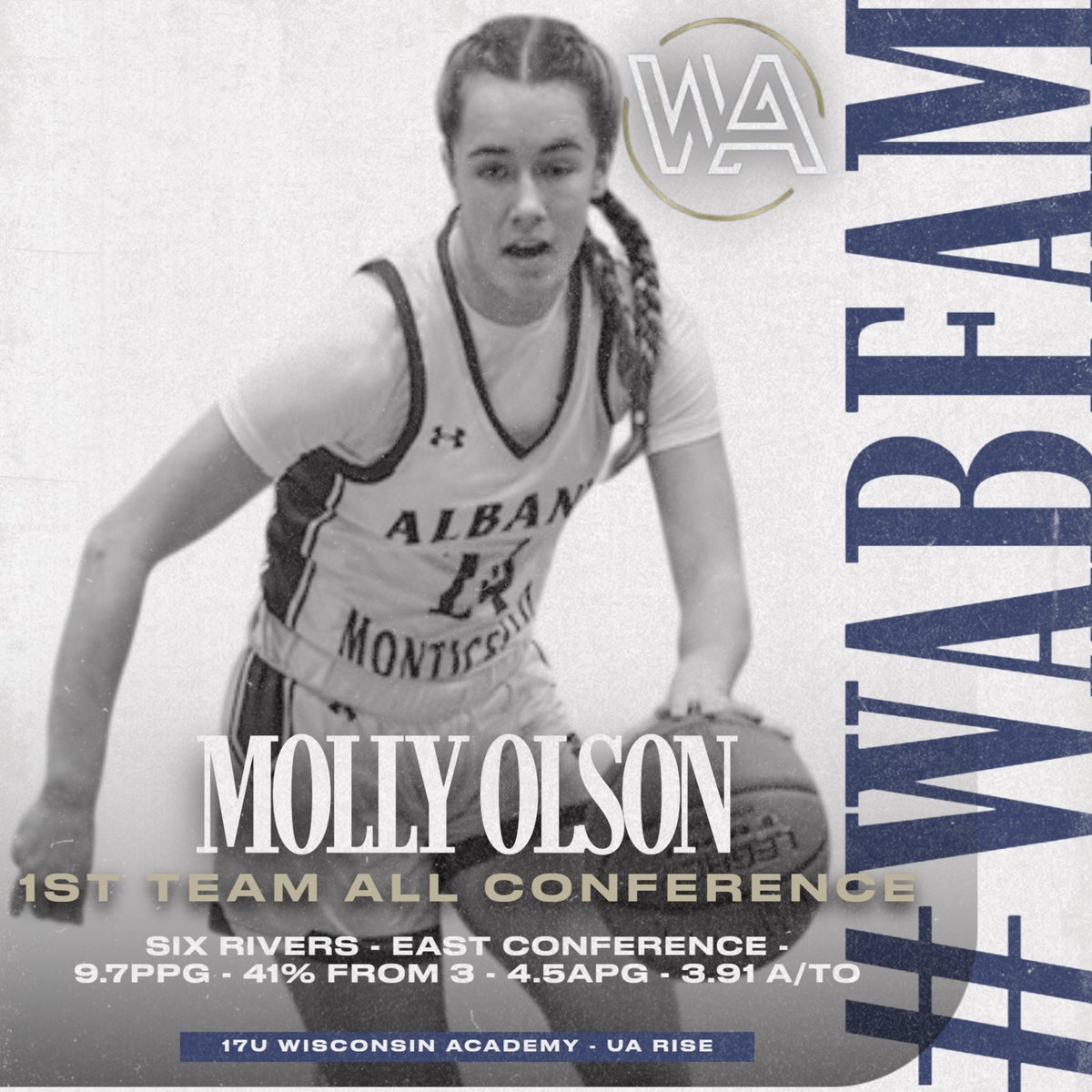Wisconsin Academy (@wiscoacademy) on Twitter photo Congratulations to 2026 PG Molly Olson (<a href="/MollyOlson24/">Molly Olson</a>) for being selected 1st Team All Conference in the Six Rivers - East!
Molly averaged 9.7pog while shooting 41% from 3 & added 4.5apg while maintaining a 3.9A/TO ratio! True PG!
Big Spring/Summer ahead for Molly!
#WABFam Congratulations to 2026 PG Molly Olson (<a href="/MollyOlson24/">Molly Olson</a>) for being selected 1st Team All Conference in the Six Rivers - East!
Molly averaged 9.7pog while shooting 41% from 3 & added 4.5apg while maintaining a 3.9A/TO ratio! True PG!
Big Spring/Summer ahead for Molly!
#WABFam