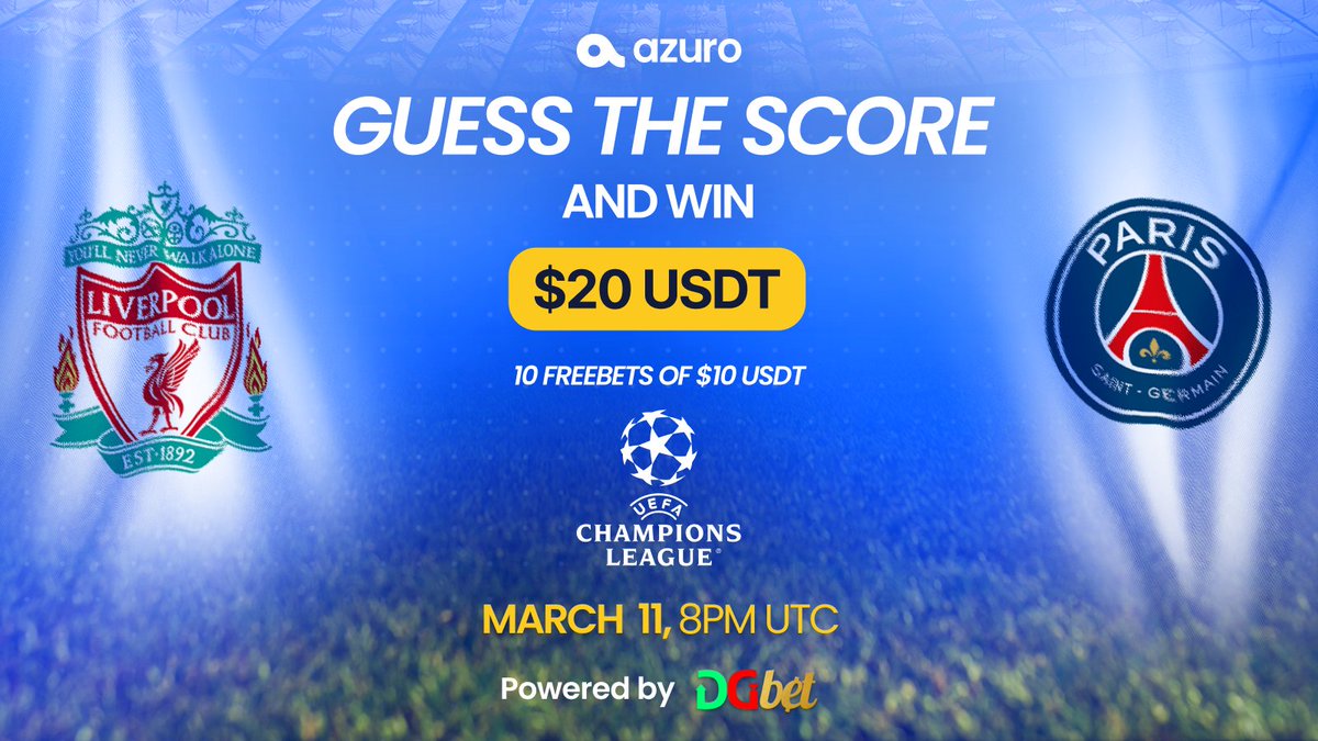 azuroprotocol's tweet image. ⚽️ Azuro Guess The Score Contest 🏆

How to join:
1️⃣ Follow us &amp;amp; @DGbet_official
2️⃣ Like and RT this post
3️⃣ Guess the final score of the Liverpool vs PSG Match
4️⃣ Only 1 reply/user, multiple entries won't count

⏳ Ends February March 11th, 8PM UTC

🎉 Sending 20 USDT to 5…