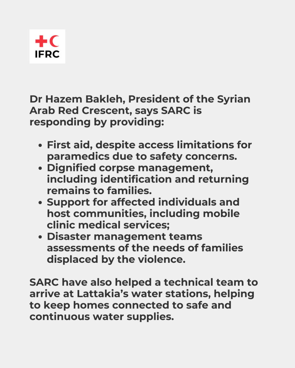 The <a href="/SYRedCrescent/">Syrian Red Crescent</a> confirms the continued operation of its services, with volunteers and staff actively present on the ground.

The @IFRC is monitoring the situation closely and stands ready to support humanitarian efforts on the ground.

Thank you to all SARC volunteers and