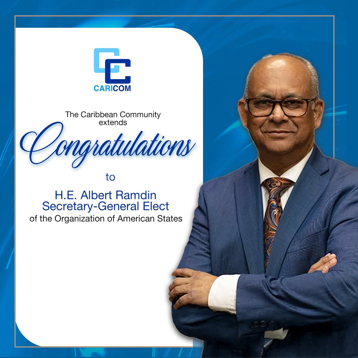 Pleased to participate in today's Special GA of the Organisation of American States, which has elected (by affirmation) Minister Albert Ramdin of Suriname as the new OAS Secretary General. T&amp;T warmly congratulates Minister Ramdin, the first OAS Secretary General from CARICOM!