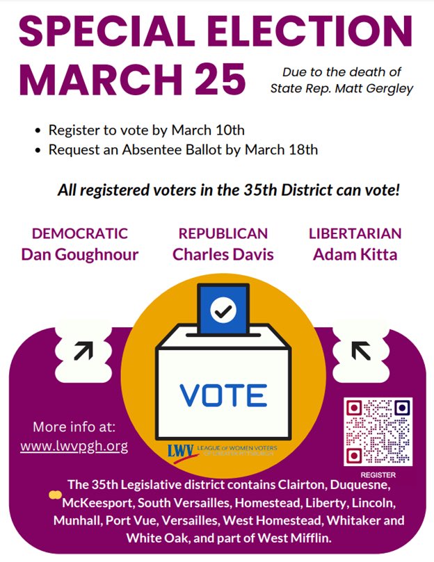 Learn more about the upcoming special election for the open 35th PA District seat. 

🚨The deadline to register to vote in this special election is today, March 25! 🚨

Check out our website at lwvpgh.org
