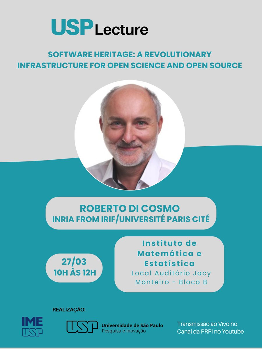 A próxima edição do USP Lecture será no dia 27/03, com o professor Roberto Di Cosmo. O tema da palestra é "Software Heritage: a revolutionary infrastructure for Open Science and Open Source". O evento será transmitido ao vivo pelo canal do Youtube da PRPI sem  tradução simultânea