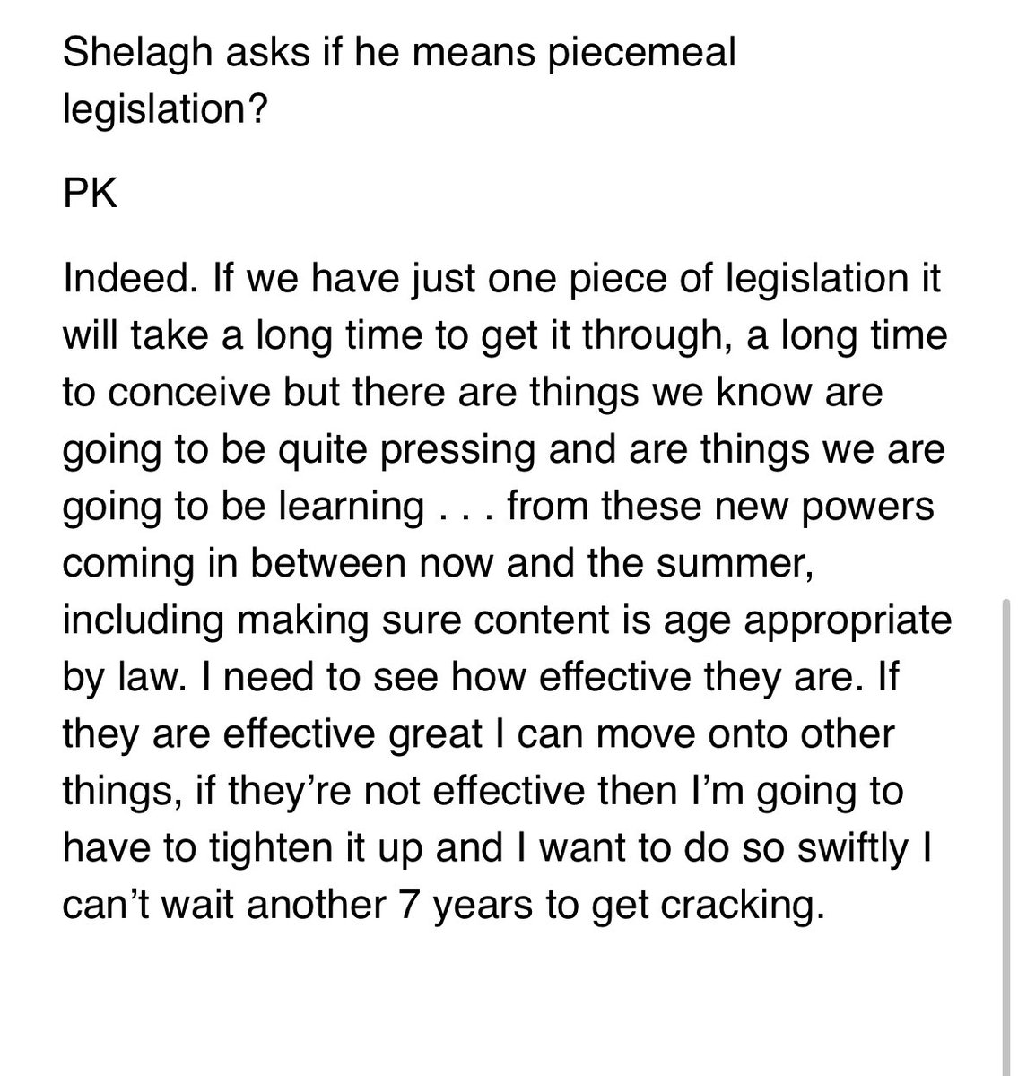 Andy Burrows (@_andyburrows) on Twitter photo Worth reading in full Peter Kyle’s comments to <a href="/ShelaghFogarty/">Shelagh Fogarty</a> earlier today. A mix of vague assurances and an acceptance he’s planning a ‘piecemeal’ approach to legislation - hardly the decisive action that Ian Russell and other bereaved parents have called for <a href="/mollyroseorg/">Molly Rose Foundation</a> Worth reading in full Peter Kyle’s comments to <a href="/ShelaghFogarty/">Shelagh Fogarty</a> earlier today. A mix of vague assurances and an acceptance he’s planning a ‘piecemeal’ approach to legislation - hardly the decisive action that Ian Russell and other bereaved parents have called for <a href="/mollyroseorg/">Molly Rose Foundation</a>
