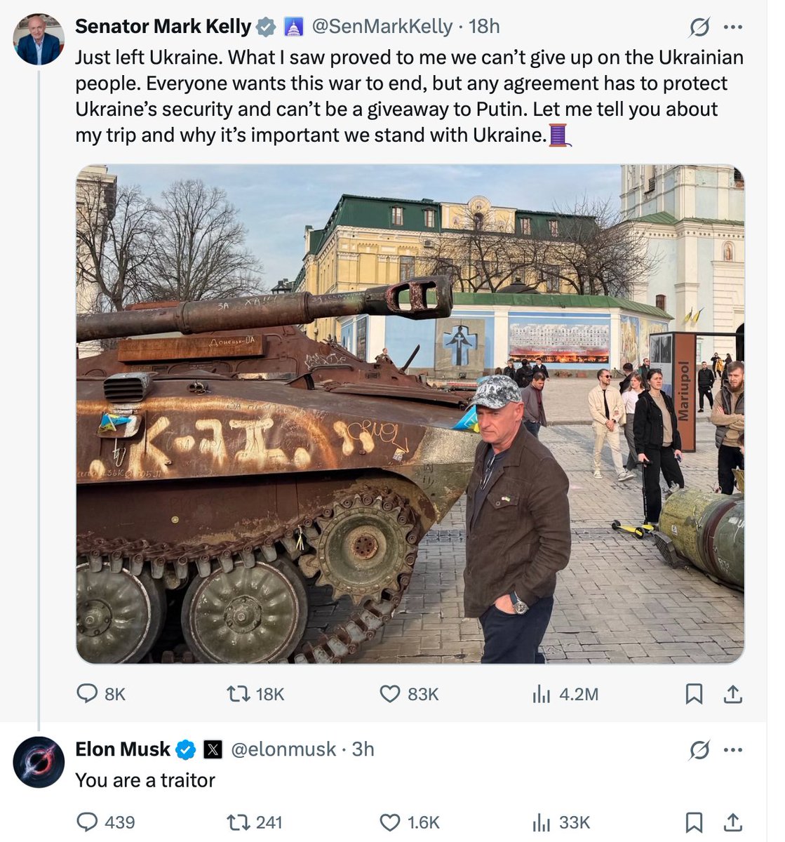 US Senator Mark Kelly flew 39 combat missions over Iraq. He piloted the Space Shuttle four times. But he went to Kiev and called for the defence of Ukraine. So Elon Musk has branded him a "traitor".