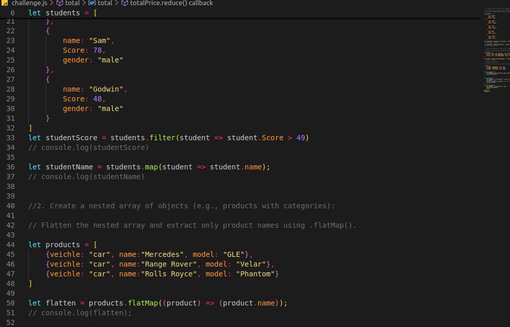 Day 35.

Still on arrays. Did a couple of tasks. Also discovered and used the flatMap. The flatMap() method applies a callback to each array element and flattens the result by one level, combining the functionality of map() and flat() with better efficiency.

CC: <a href="/blockfuselabs/">Blockfuse Labs</a>