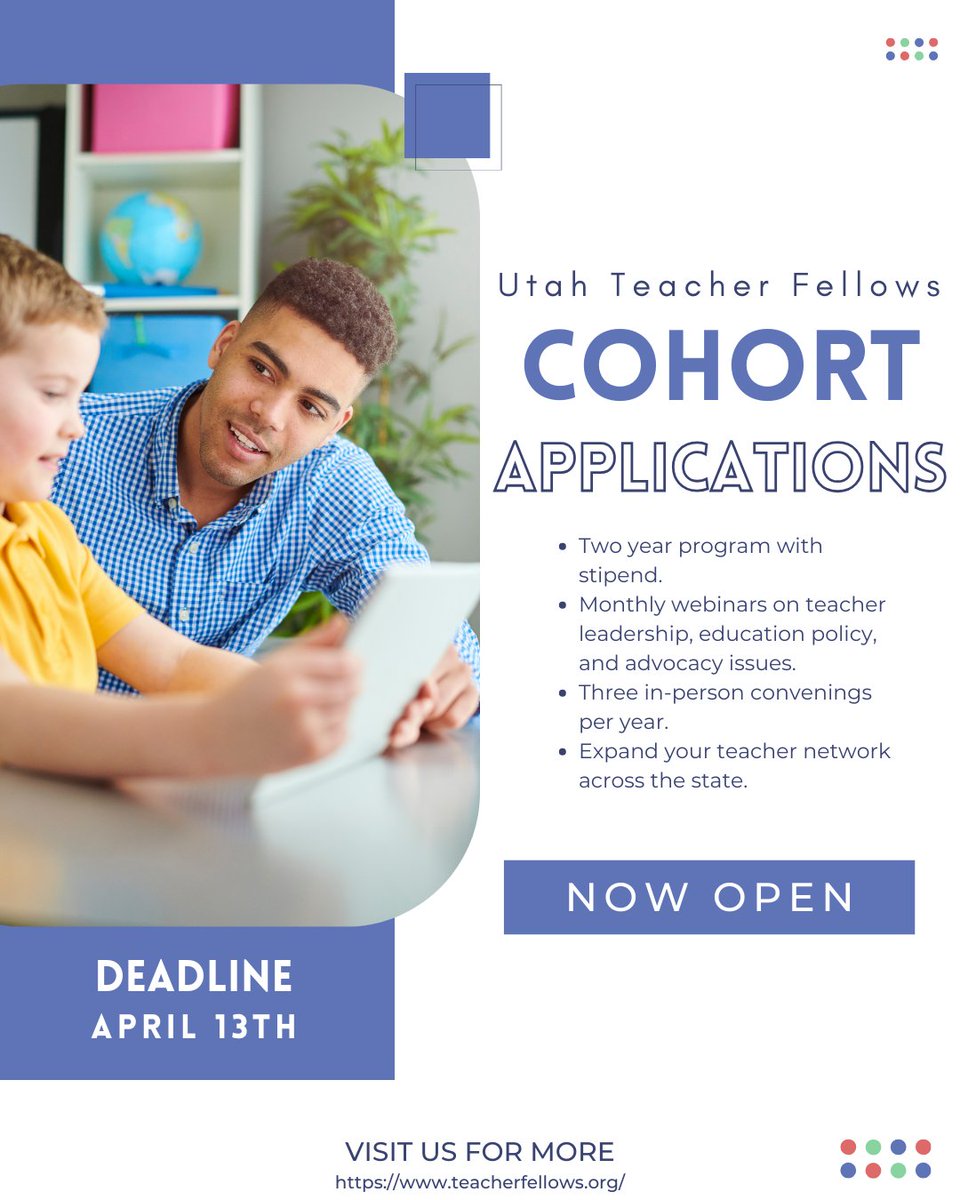 📢 Exciting opportunity! Become a #TeacherFellow and engage in the civic process to shape education policy. Apply today: bit.ly/41kNhwv 

#uted #eduhive #utahteacherfellows #teacherleadership #policyandempowerment #sharingteacherstories #onceafellowalwaysafellow