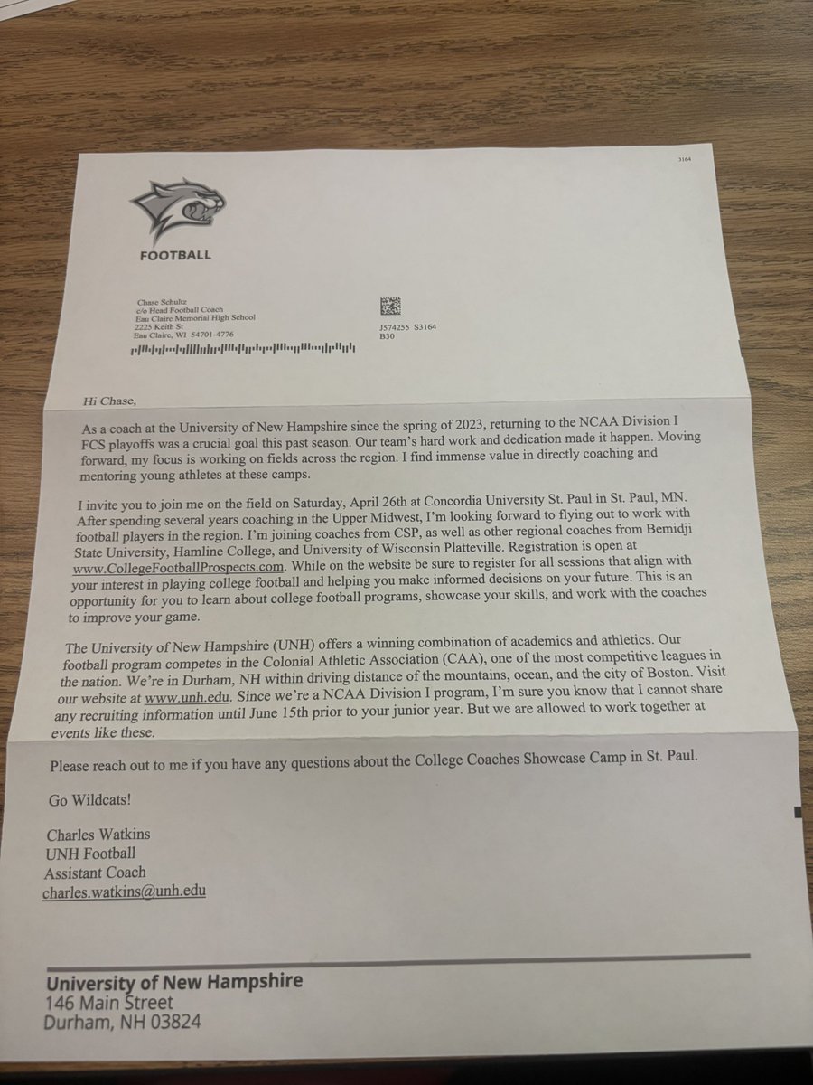 Thank you <a href="/CoachWatkinsUNH/">Charles Watkins</a> for the camp invite! <a href="/PrepRedzoneWI/">Prep Redzone Wisconsin</a> <a href="/MJ_NFLDraft/">Mark Johnson</a> <a href="/ecmfootball/">Eau Claire Memorial Football</a>