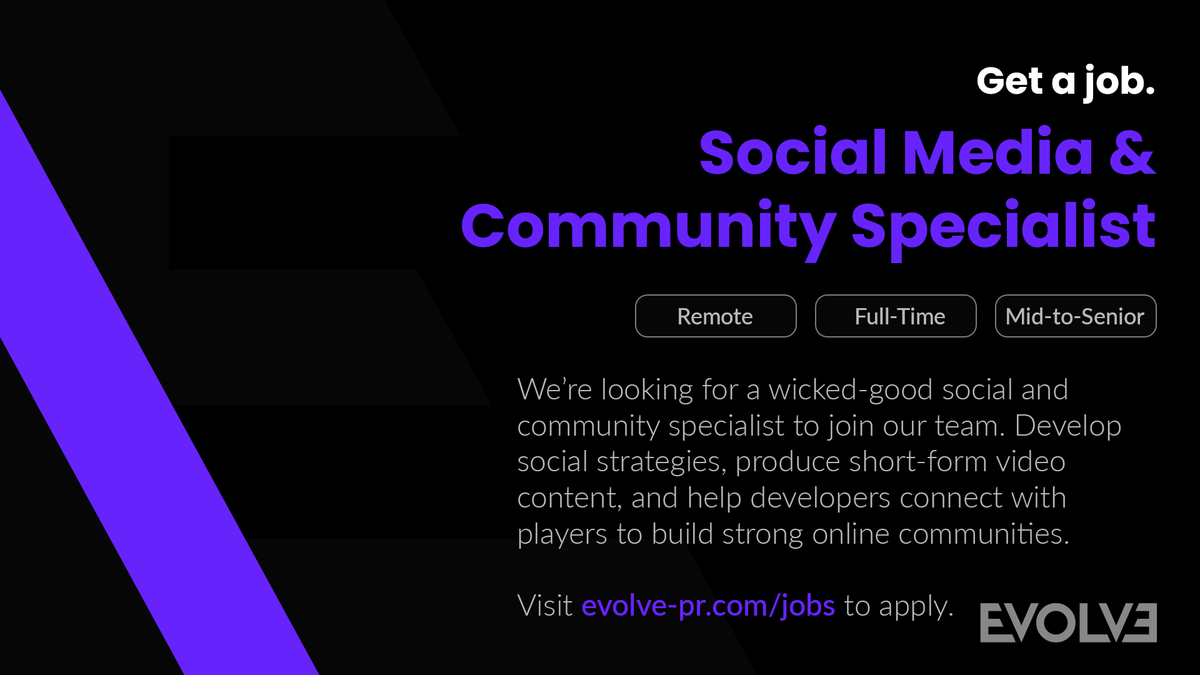 We're hiring a social/community specialist in Canada!

If you love to develop online communities, know your way around TikTok and Reels, and generally want to help game devs connect with players, check it out and apply!

evolve-pr.com/jobs/