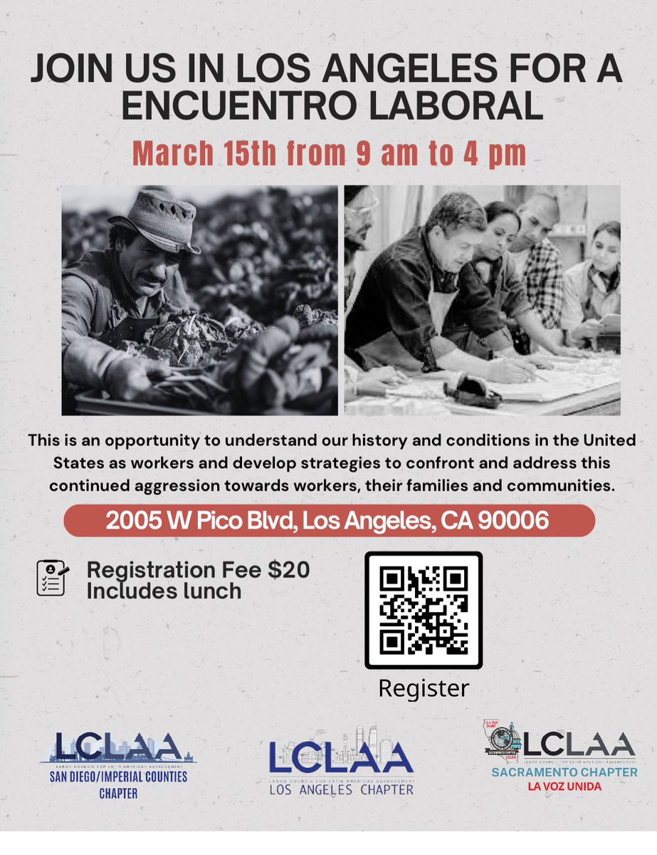 📢 ENCUENTRO LABORAL – MARCH 15!

Join us in Los Angeles for a day of learning, organizing, and fighting back! 💪🏽✊🏽

Brought to you by LCLAA LA, Sacramento &amp; San Diego/Imperial Counties – with IAM District 947 showing #EncuentroLaboral #WorkersUnite #LCLAA #IAMUNION #Solidarity