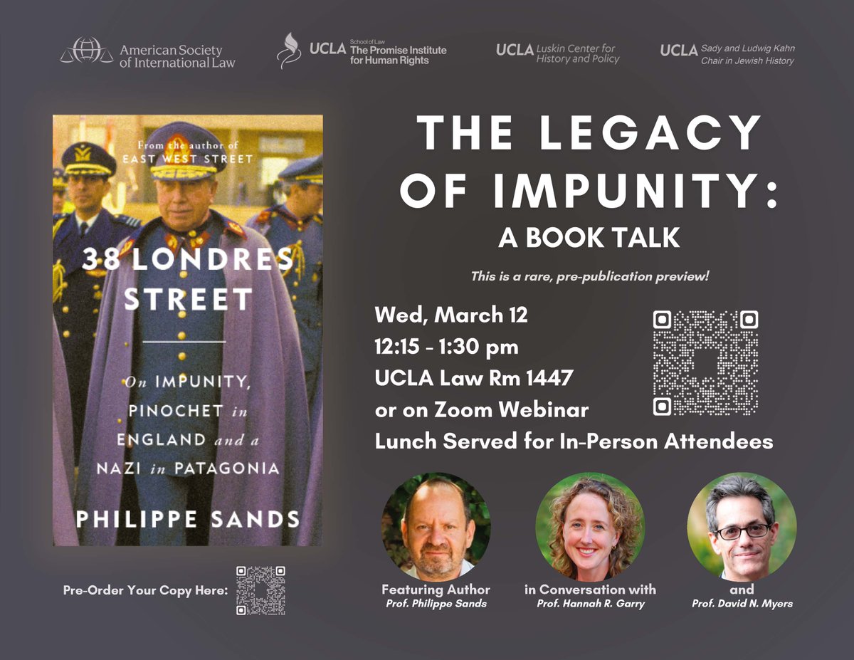 This Weds.! Join renowned scholar, advocate and storyteller Prof. Philippe Sands <a href="/ucl/">UCL</a> <a href="/Harvard/">Harvard University</a> discuss his forthcoming book on the he remarkable story of intersections between impunity for Nazi atrocities with torture and disappearances during the Pinochet regime in Chile, while