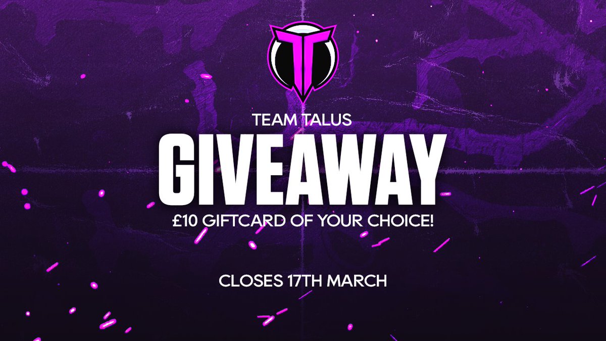 Team Talus (@teamtalusgg) on Twitter photo ๐จ GIVEAWAY TIME ๐จ
we are giving away a ยฃ10 giftcard of YOUR CHOICE!
all you have to do to enter is;
- Follow <a href="/TeamTalusGG/">Team Talus</a>
- Like & RT
- Join our Discord and React to the Giveaway Announcement
- Stay active in the chats!
good luck to everyone who enters!
#talusontop #TalusRC ๐จ GIVEAWAY TIME ๐จ
we are giving away a ยฃ10 giftcard of YOUR CHOICE!
all you have to do to enter is;
- Follow <a href="/TeamTalusGG/">Team Talus</a>
- Like & RT
- Join our Discord and React to the Giveaway Announcement
- Stay active in the chats!
good luck to everyone who enters!
#talusontop #TalusRC