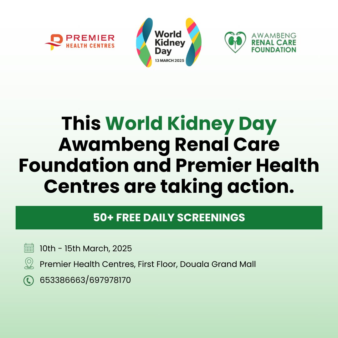 AwambengF's tweet photo. This @worldkidneyday, we are taking action. 

From 10th - 15th March, 50 daily free kidney screenings will be available at Premier Health Centre, Douala Grand Mall.  

Your kidneys won’t warn you, take charge of your health today. 

 Contact: 653386663 / 697978170  

#Cameroon https://t.co/pIwnDmAHVc