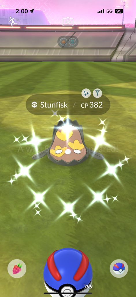 NPColty's tweet image. Shiny Galarian Stunfisk from a Dynamax power spot! #pokemonGO