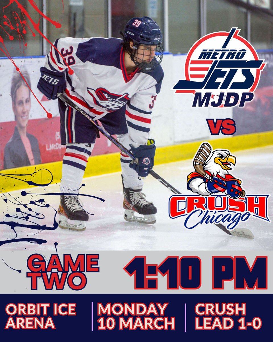 🚨 MONDAY MADNESS 🚨 

The #MJDP team continues its #USPHLPlayoffs run at 1:10 p.m. CDT with Game 2 against the Chicago Crush from Orbit Ice Arena. 

Watch live on FloHockey and follow the live stats at usphlpremier.com/stats/game-cen….

#PlayLikeBray